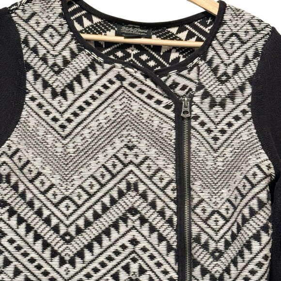 Lucky Brand Black White Aztec Moto Zip Boho Cardigan Sweater Womens Size Medium - Picture 3 of 12